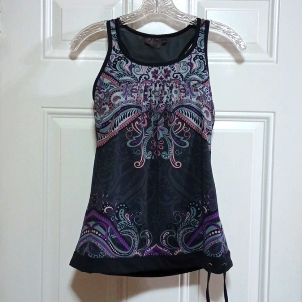 Athleta Tinker Tank  Built-in Bra Tank Top Small Grey Purple Paisley, Small